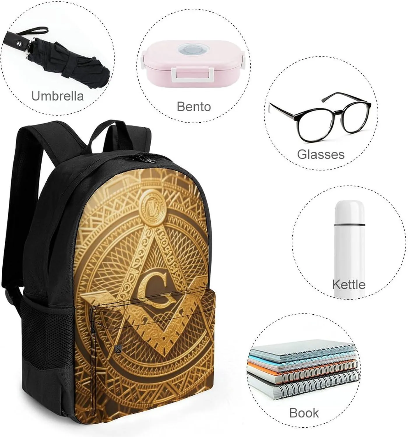 Women Men Polyester Gold Freemason Freemasonry Masonic Art Casual Daypack Large Capacity Bookbag With Side Pockets for Sports Picnic Walking Cycling