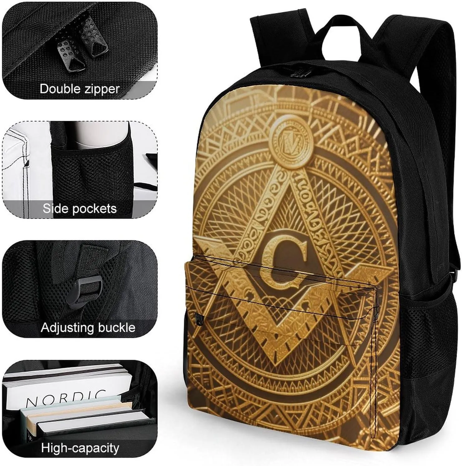 Women Men Polyester Gold Freemason Freemasonry Masonic Art Casual Daypack Large Capacity Bookbag With Side Pockets for Sports Picnic Walking Cycling
