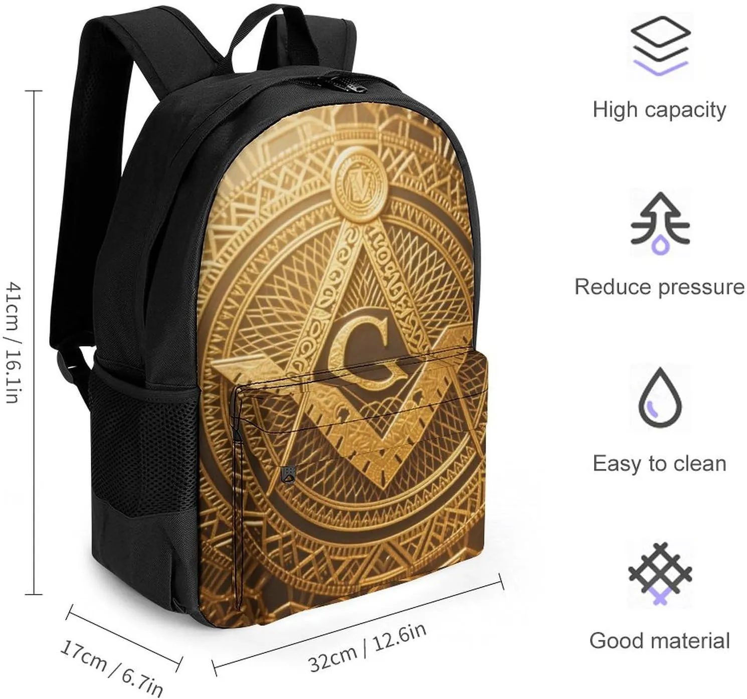 Women Men Polyester Gold Freemason Freemasonry Masonic Art Casual Daypack Large Capacity Bookbag With Side Pockets for Sports Picnic Walking Cycling