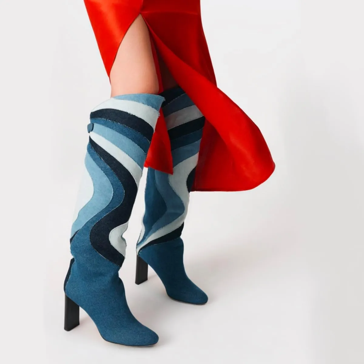 Women Rainbow Knee High Boots Suede Round Toe Dress Boots Chunky Block High Heel Multicolored Metallic Long Boots Colorful Patchwork Office Ladies Wedding Party Fall Winter Boot 4-11 M US