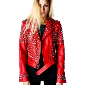 Women Red Leather Jacket Silver Studded Genuine Leather Jacket with Bold Stylish Design