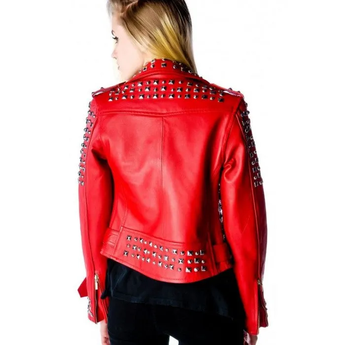 Women Red Leather Jacket Silver Studded Genuine Leather Jacket with Bold Stylish Design