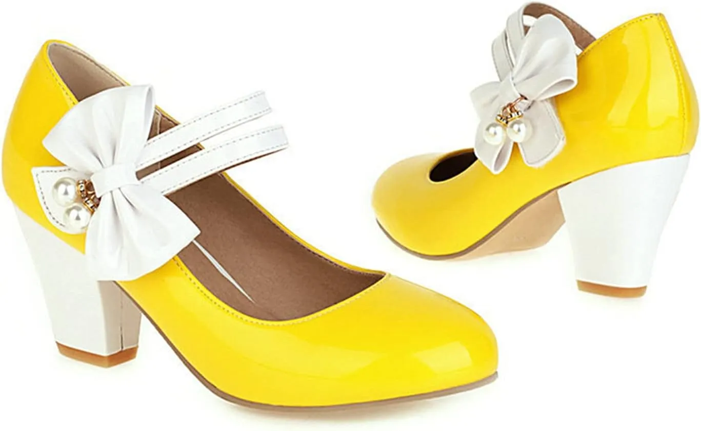 Women Round Toe Mary Jane Pumps Ankle Strap Sweet Bow Patchwork Elegant Chunky High Heel Dress Shoes