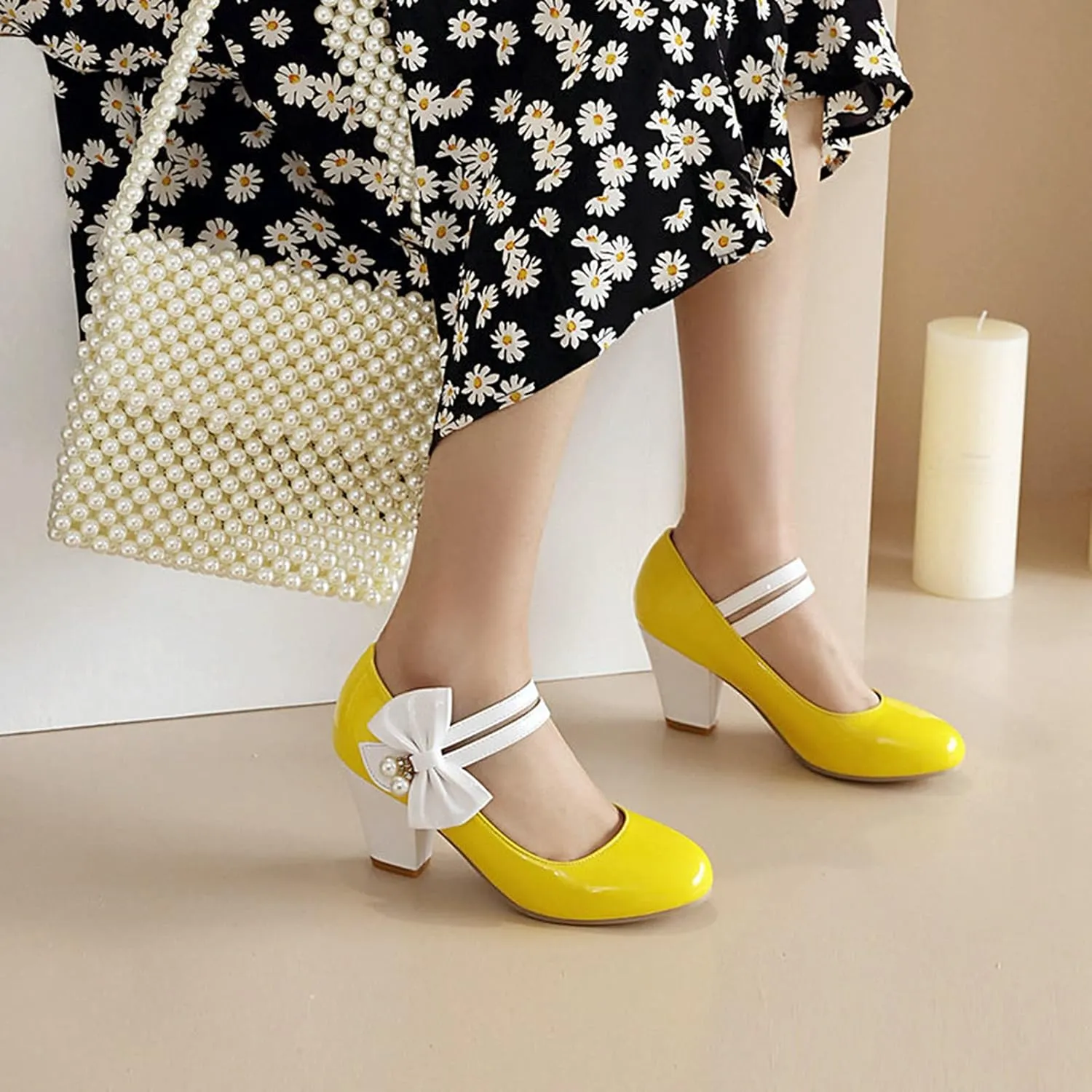 Women Round Toe Mary Jane Pumps Ankle Strap Sweet Bow Patchwork Elegant Chunky High Heel Dress Shoes