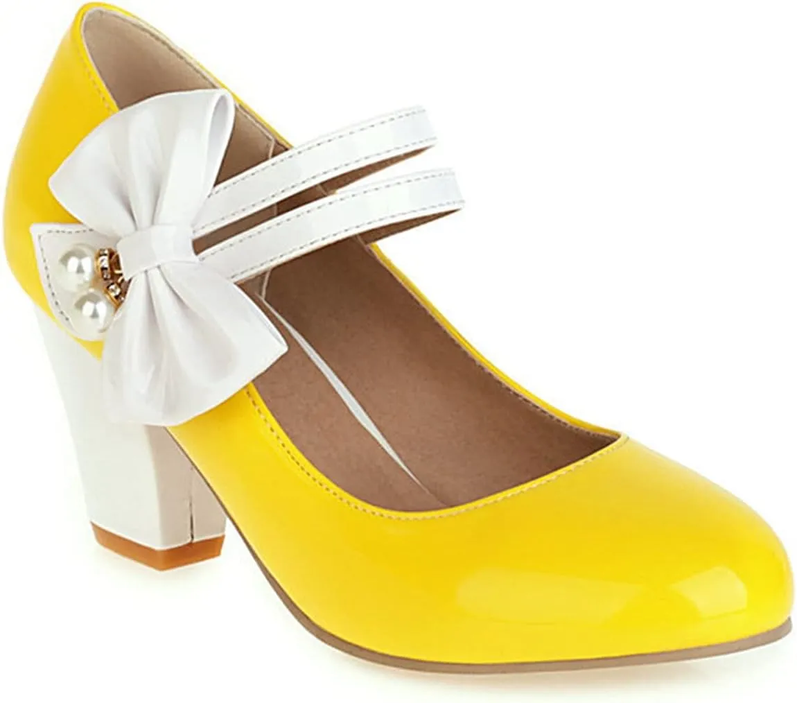 Women Round Toe Mary Jane Pumps Ankle Strap Sweet Bow Patchwork Elegant Chunky High Heel Dress Shoes