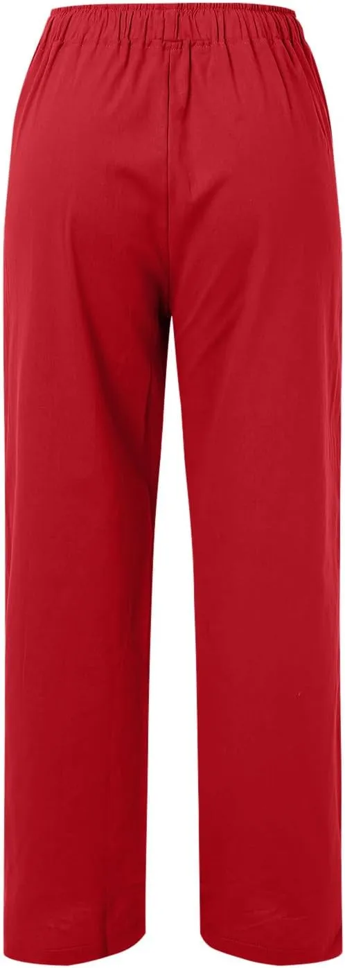 Women Summer High Waist Linen Palazzo Pants Wide Leg Long Button Loose Pant Trousers with Pockets