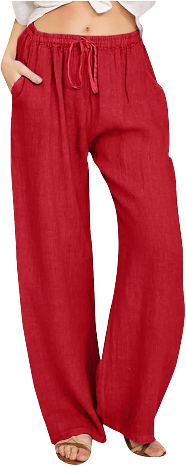 Women Summer High Waist Linen Palazzo Pants Wide Leg Long Button Loose Pant Trousers with Pockets