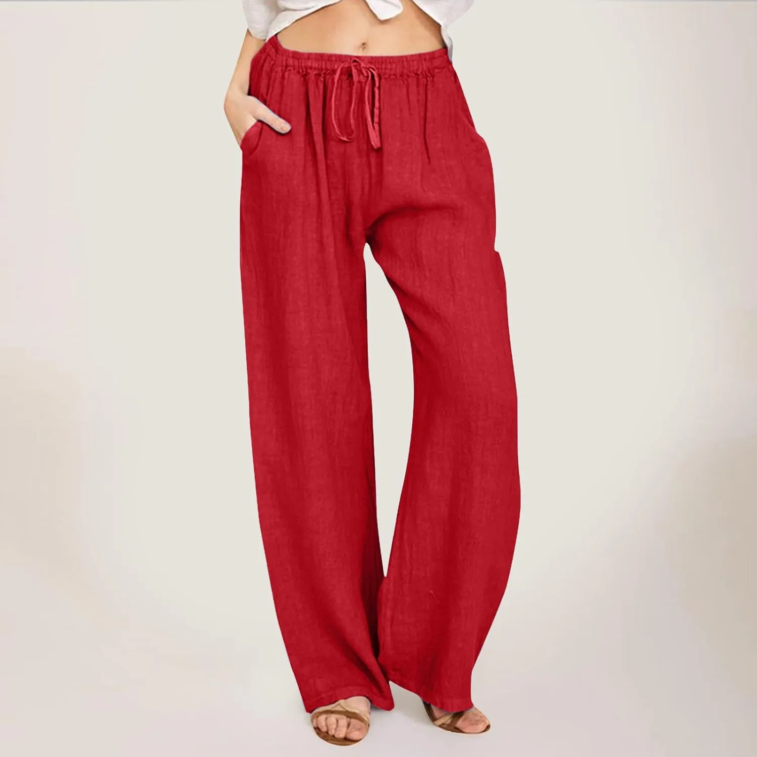 Women Summer High Waist Linen Palazzo Pants Wide Leg Long Button Loose Pant Trousers with Pockets