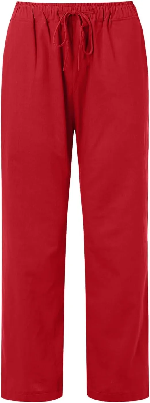 Women Summer High Waist Linen Palazzo Pants Wide Leg Long Button Loose Pant Trousers with Pockets