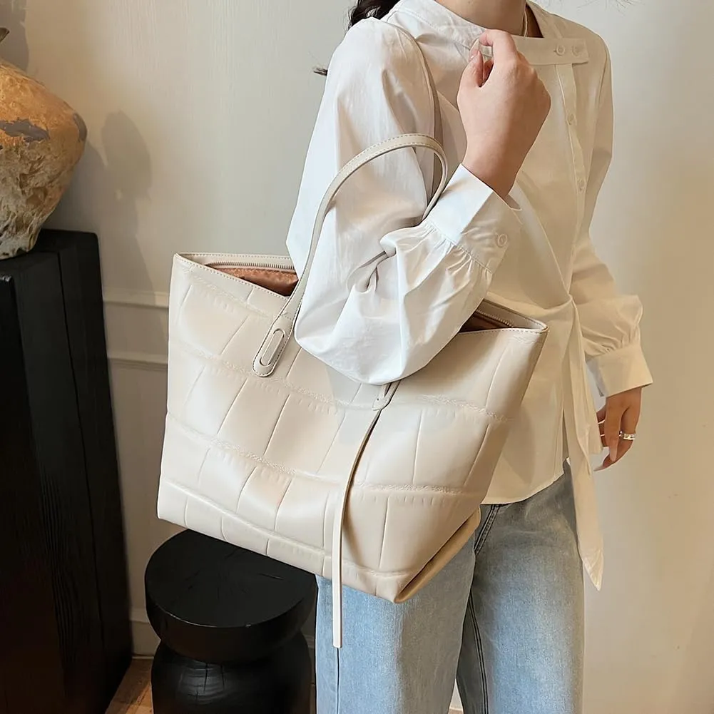 Women Trendy Tote Bag Large Capacity PU Leather Casual Handbag Solid Color Simple Tote Handbag Work Commute Shopping