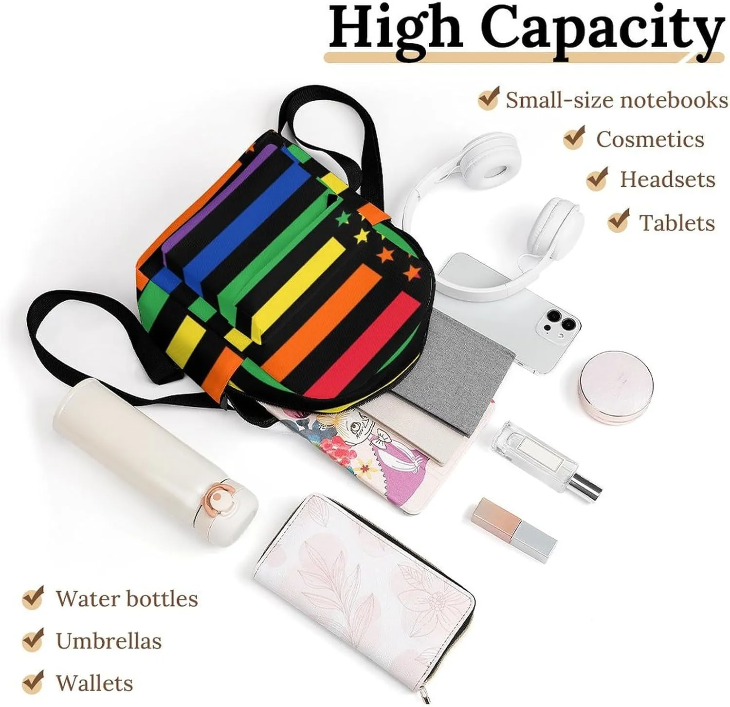 Women US Rainbow Love LGBT Pride Black American Flag Backpacks Small Ladies Casual Lightweight Shopping Travel Daypack