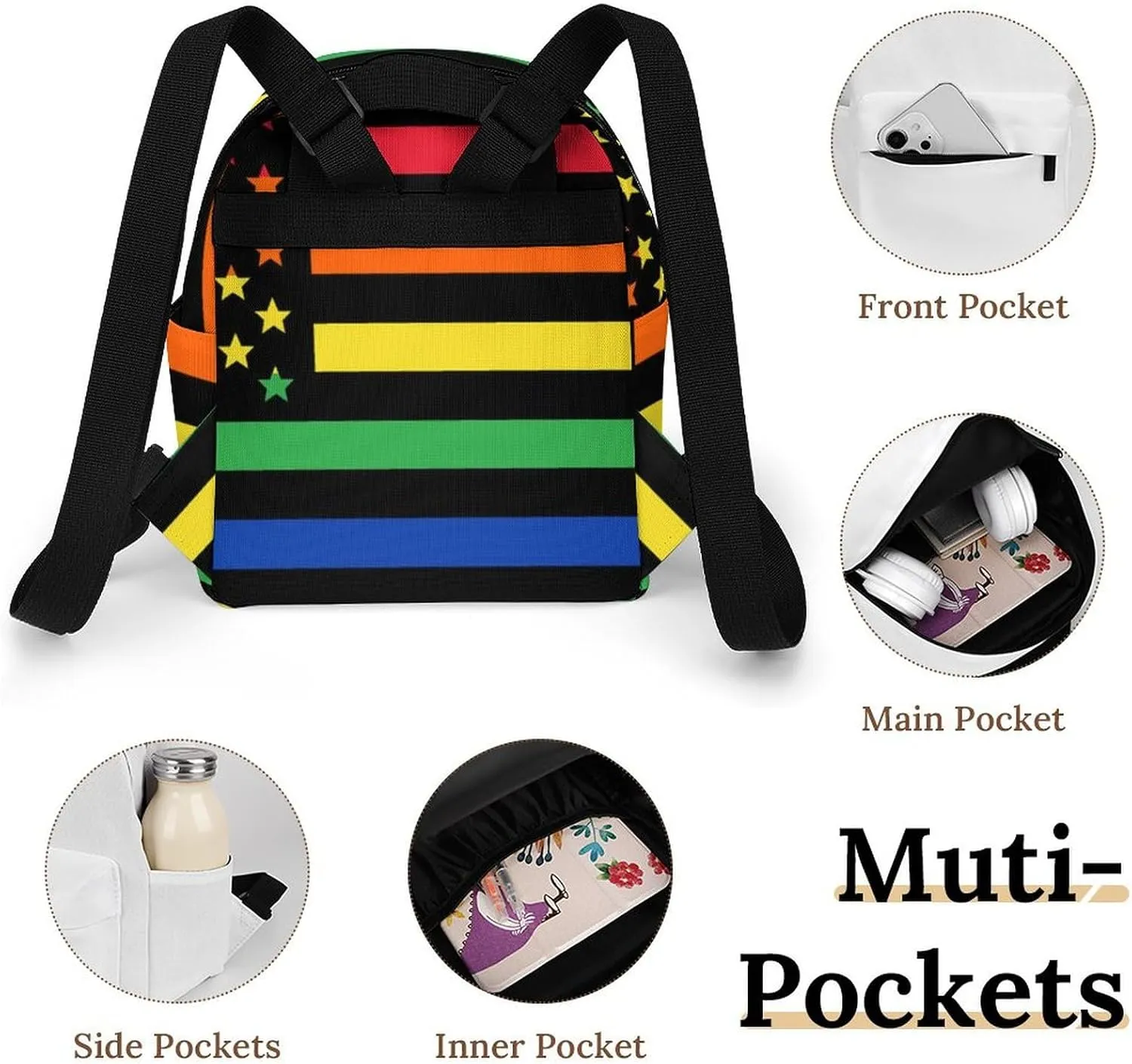 Women US Rainbow Love LGBT Pride Black American Flag Backpacks Small Ladies Casual Lightweight Shopping Travel Daypack