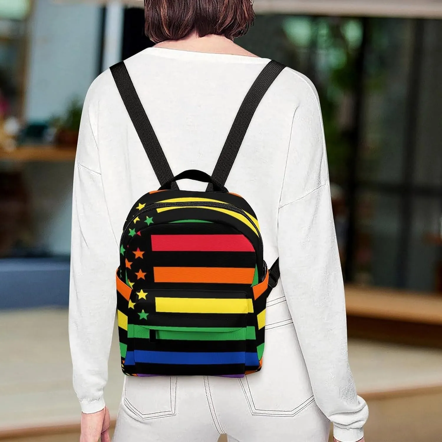 Women US Rainbow Love LGBT Pride Black American Flag Backpacks Small Ladies Casual Lightweight Shopping Travel Daypack
