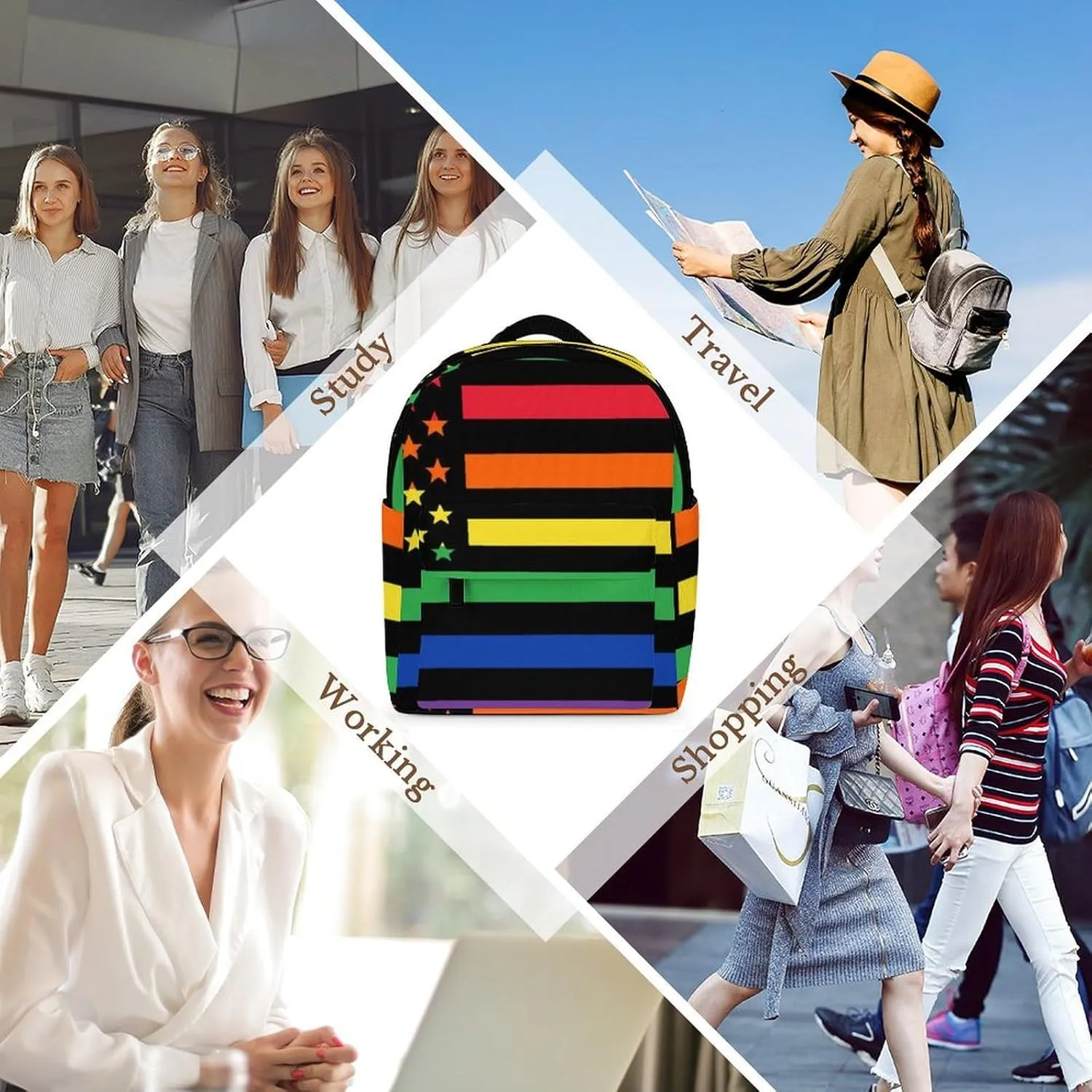 Women US Rainbow Love LGBT Pride Black American Flag Backpacks Small Ladies Casual Lightweight Shopping Travel Daypack