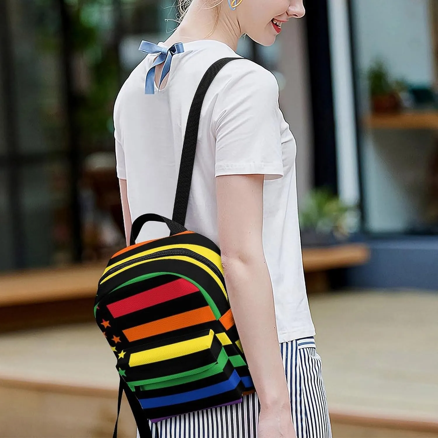 Women US Rainbow Love LGBT Pride Black American Flag Backpacks Small Ladies Casual Lightweight Shopping Travel Daypack