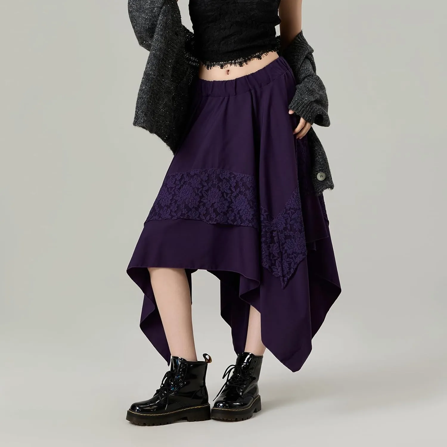 Women Vintage Steampunk Asymmetrical Lace Patchwork Midi Skirt Renaissance Y2k Flowy Fairy Layered Cosplay Costume