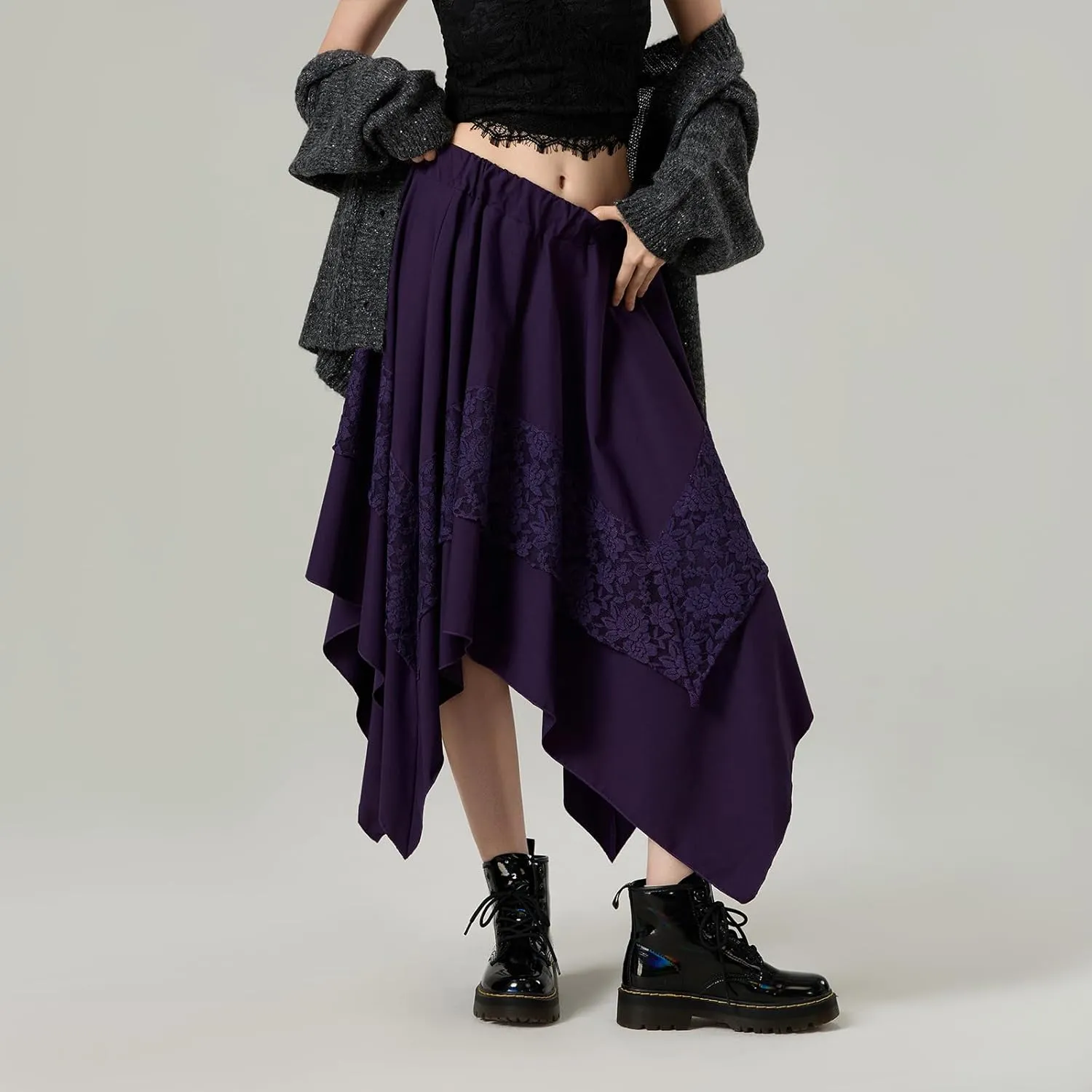 Women Vintage Steampunk Asymmetrical Lace Patchwork Midi Skirt Renaissance Y2k Flowy Fairy Layered Cosplay Costume