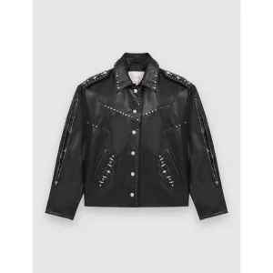 Women Western Leather Studded Jacket - Black