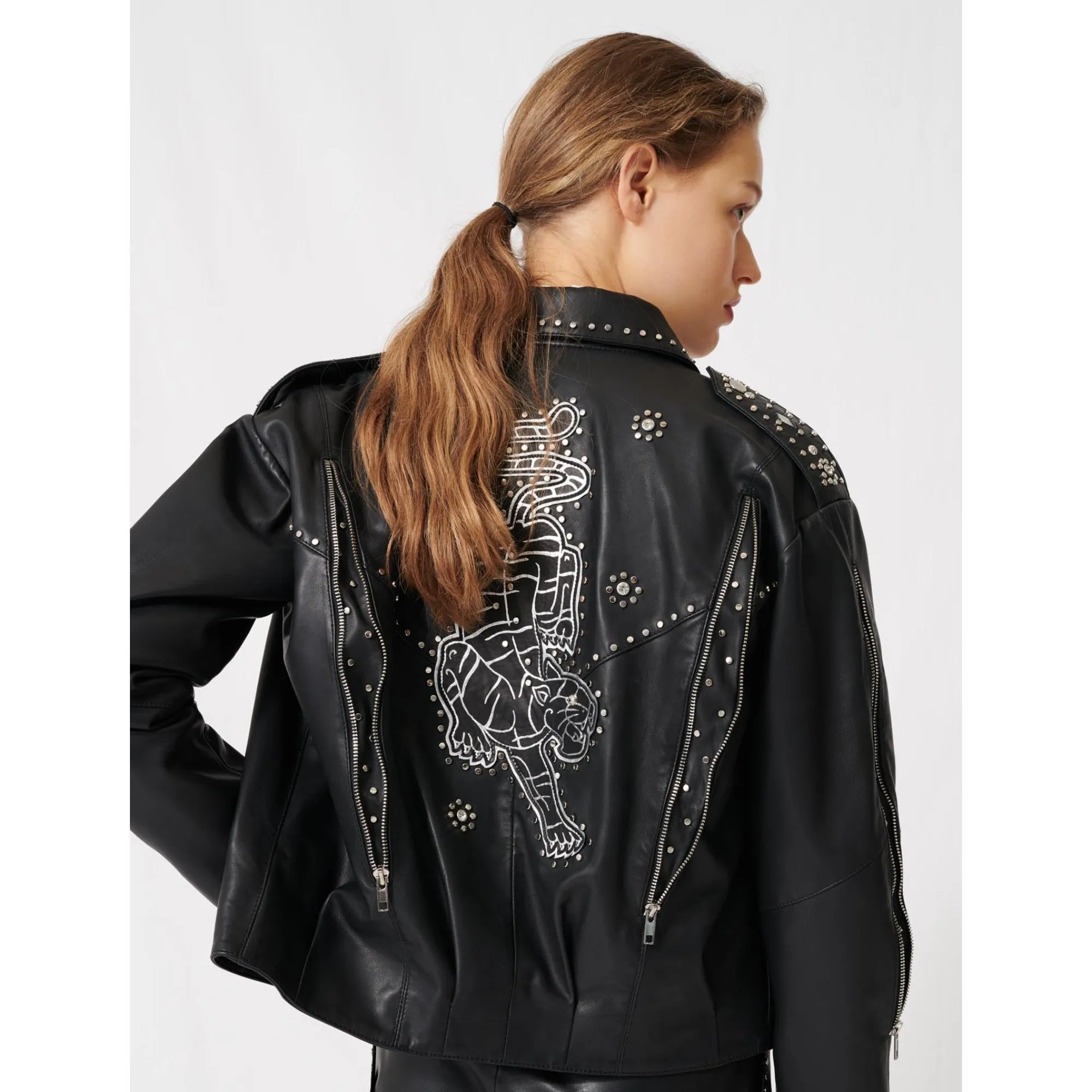 Women Western Leather Studded Jacket - Black