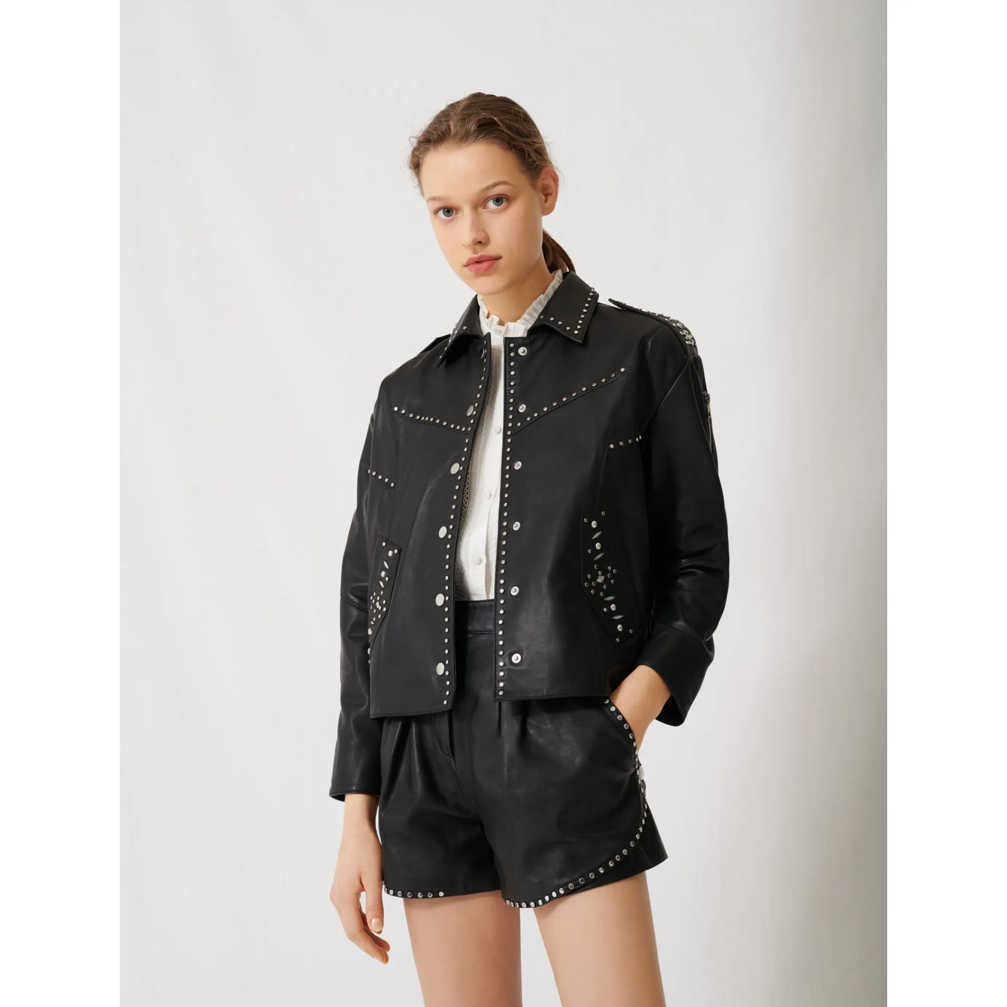 Women Western Leather Studded Jacket - Black