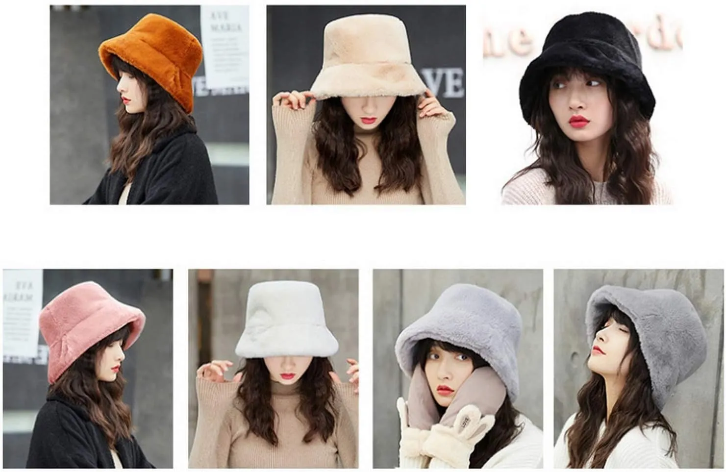 Women Winter Plush Bucket Hat Warm Solid Color Faux Fur Fisherman Cap