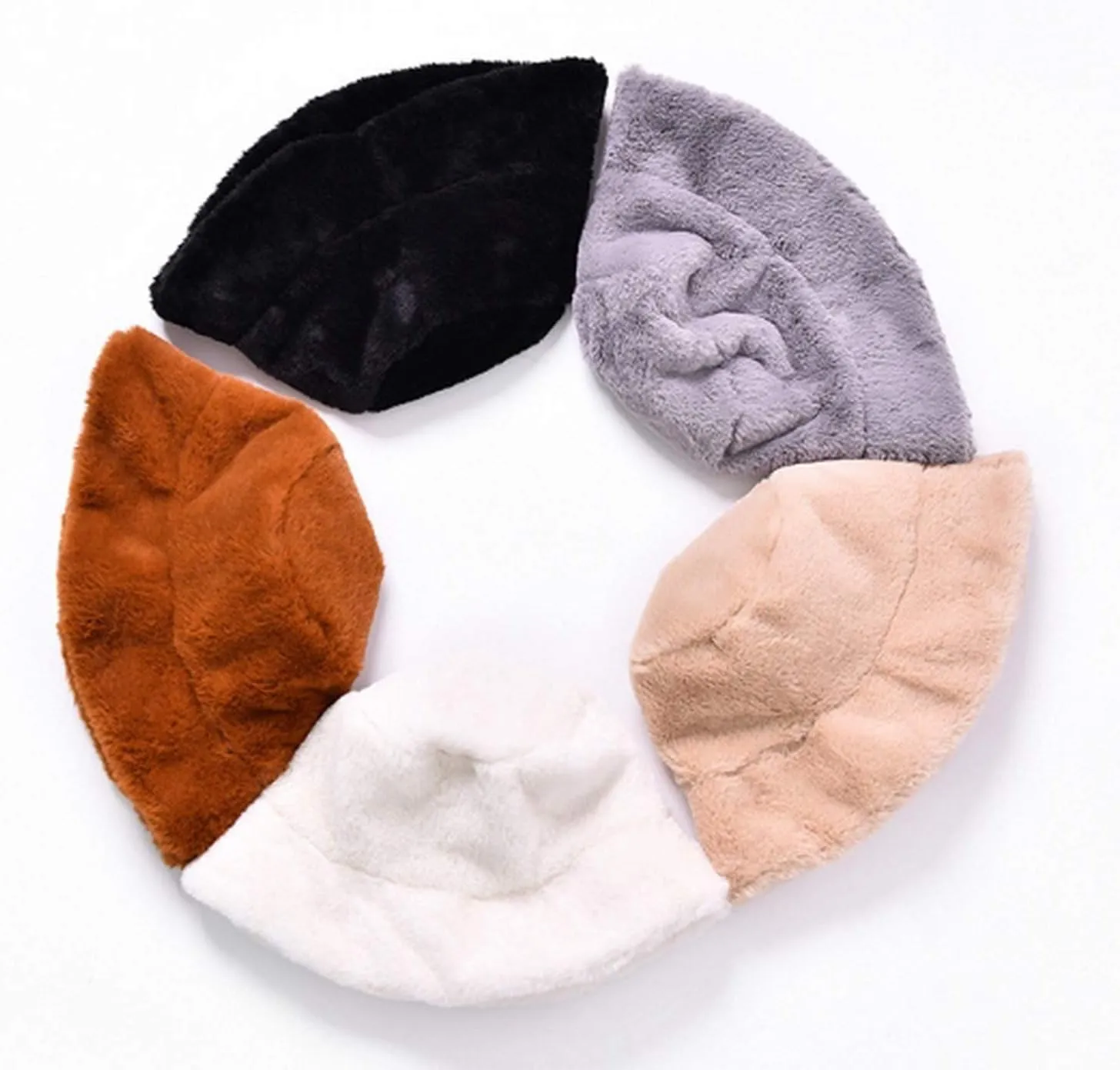 Women Winter Plush Bucket Hat Warm Solid Color Faux Fur Fisherman Cap