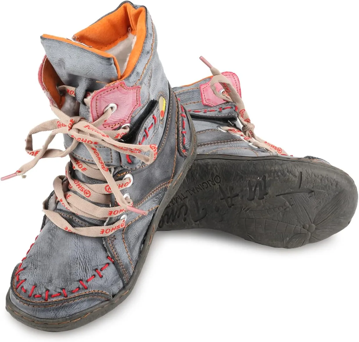 Women's Ankle Boots PU and Leather Patchwork with Handstitching Upper Lace-Up Mid-calf Boots