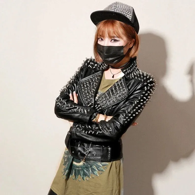 Women's Belted Punk Studded Leather Jacket In Black