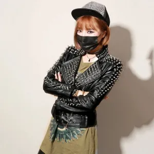 Women's Belted Punk Studded Leather Jacket In Black