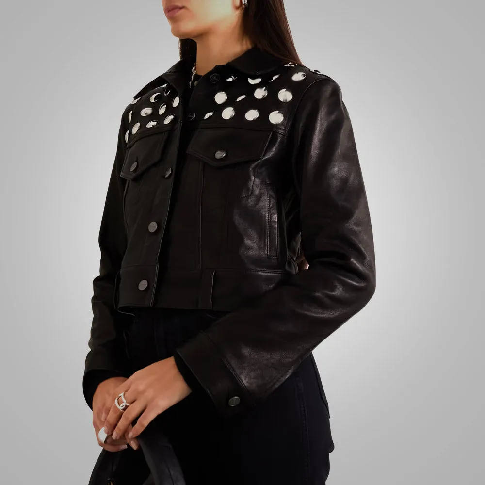 Women's Black Studded Textured Cropped Leather Jacket