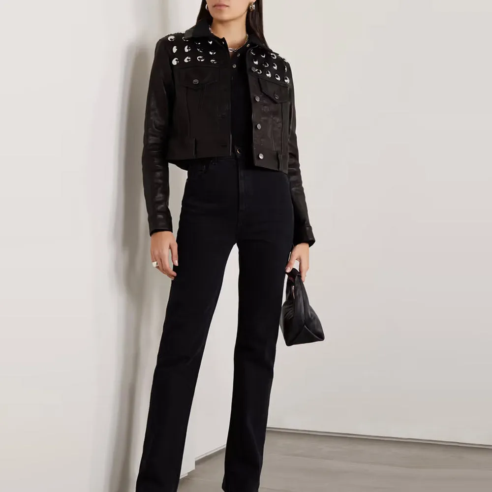 Women's Black Studded Textured Cropped Leather Jacket