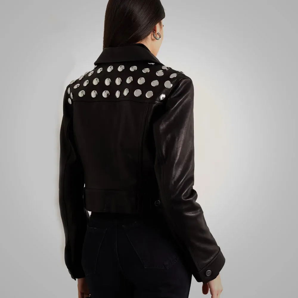 Women's Black Studded Textured Cropped Leather Jacket