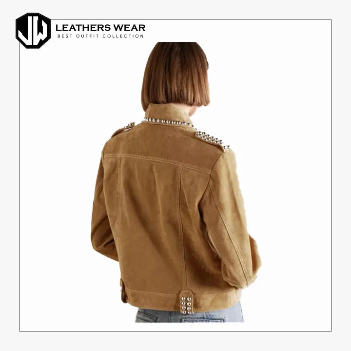 Womens Brown Suede Studded Leather Jacket