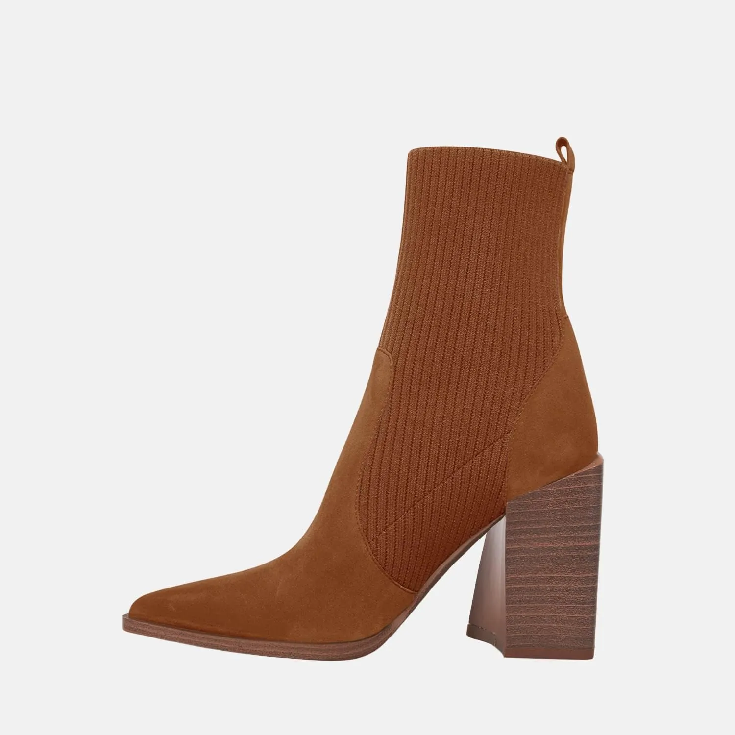 Womens Chunky Stacked Heel Ankle Boots Pointed Toe Booties Slip On Ribbed Knit Sock Boot