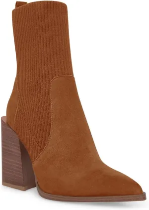 Womens Chunky Stacked Heel Ankle Boots Pointed Toe Booties Slip On Ribbed Knit Sock Boot