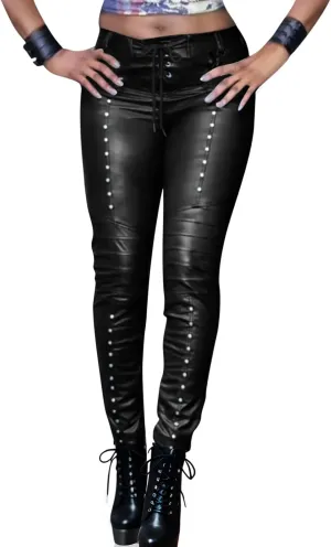 Women's Faux Leather Leggings Gothic Punk Skinny PU Leather Pants Mid Rise Novelty Studded Tight Pants