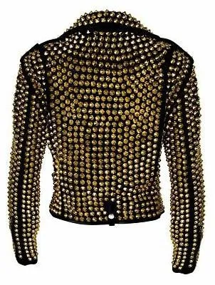 Women's Gold Studded Biker Leather Jacket In Black