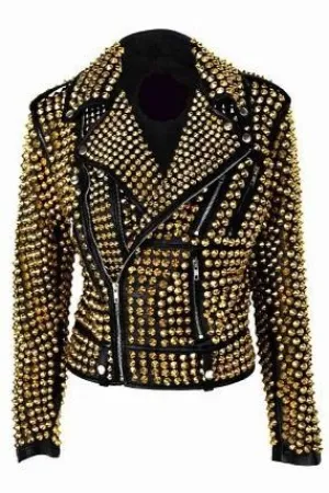 Women's Gold Studded Biker Leather Jacket In Black