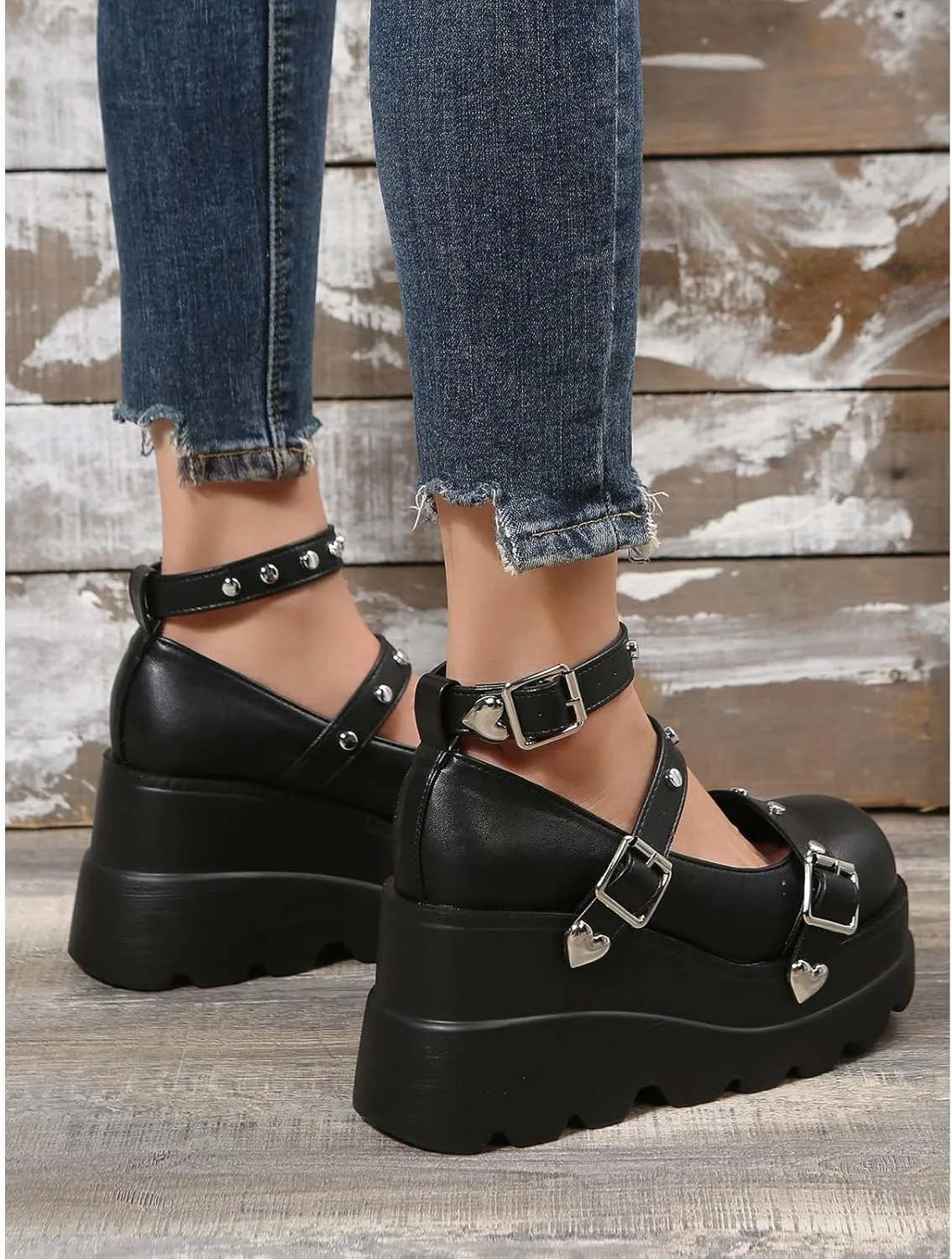 Women's Gothic Platform Mary Jane Pumps Adjustable Studded Ankle Strap Round Toe Wedge Lolita Shoes Uniform Party Dress Shoes