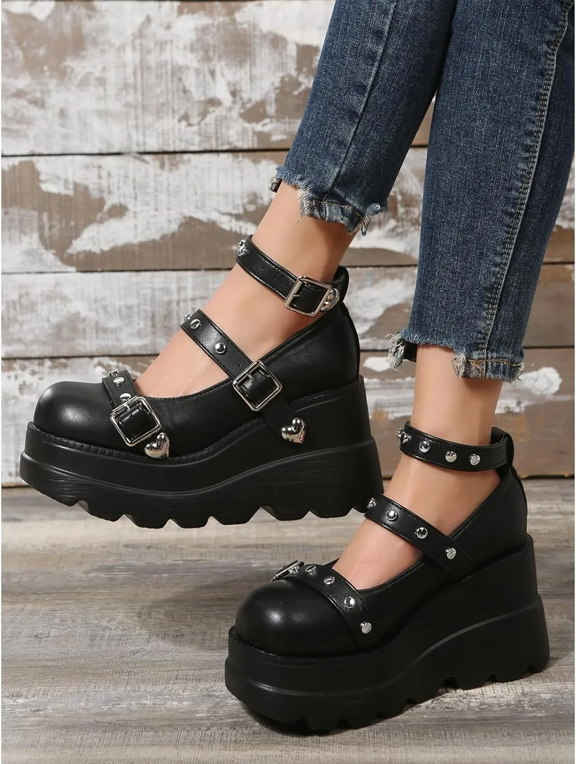 Women's Gothic Platform Mary Jane Pumps Adjustable Studded Ankle Strap Round Toe Wedge Lolita Shoes Uniform Party Dress Shoes