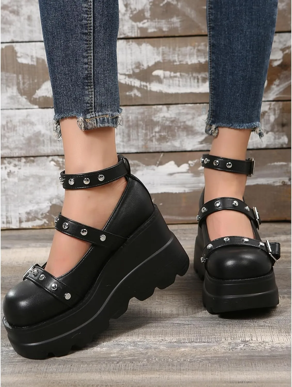 Women's Gothic Platform Mary Jane Pumps Adjustable Studded Ankle Strap Round Toe Wedge Lolita Shoes Uniform Party Dress Shoes