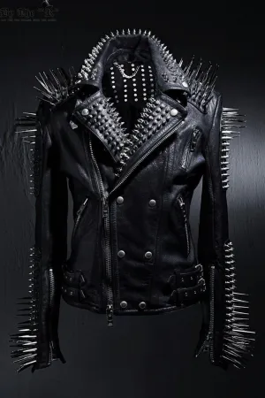 Women's Handmade Punk Studded Leather Jacket with Spikes