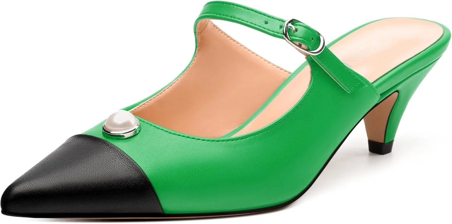 Women's Heeled Sandal, Two Toned Patchwork Pointed Toe, Low Heels Slide Buckle Backstrap, Fashion Closed Toe Sandals for Women