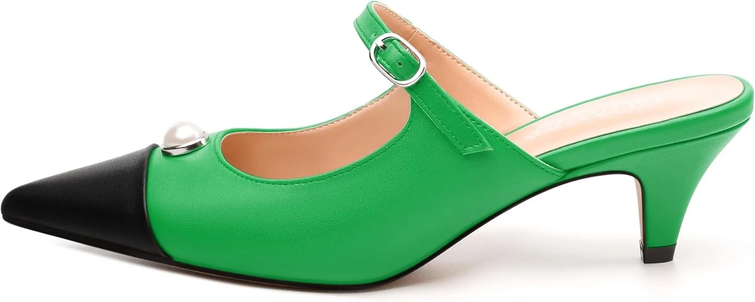 Women's Heeled Sandal, Two Toned Patchwork Pointed Toe, Low Heels Slide Buckle Backstrap, Fashion Closed Toe Sandals for Women