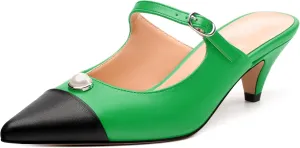 Women's Heeled Sandal, Two Toned Patchwork Pointed Toe, Low Heels Slide Buckle Backstrap, Fashion Closed Toe Sandals for Women