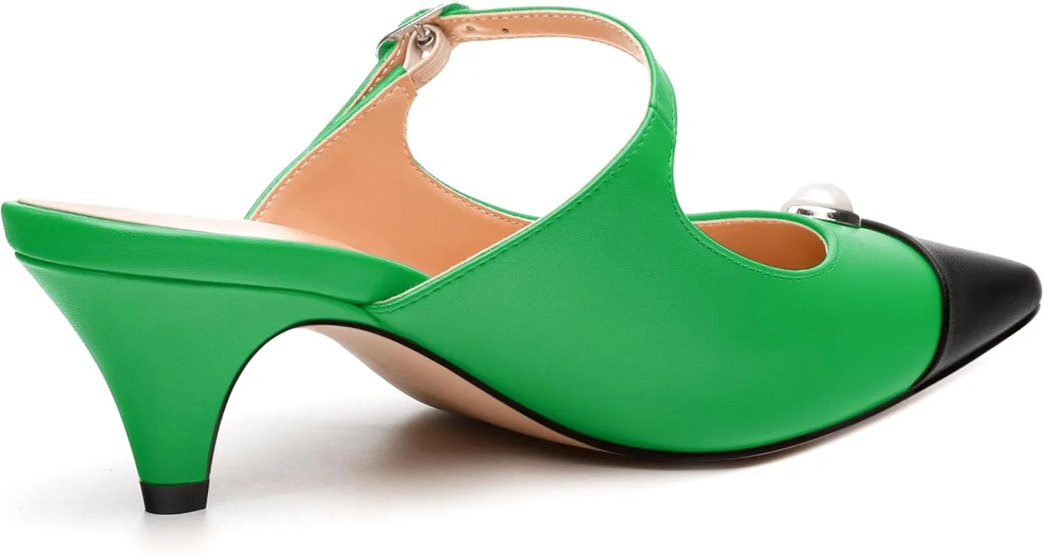 Women's Heeled Sandal, Two Toned Patchwork Pointed Toe, Low Heels Slide Buckle Backstrap, Fashion Closed Toe Sandals for Women