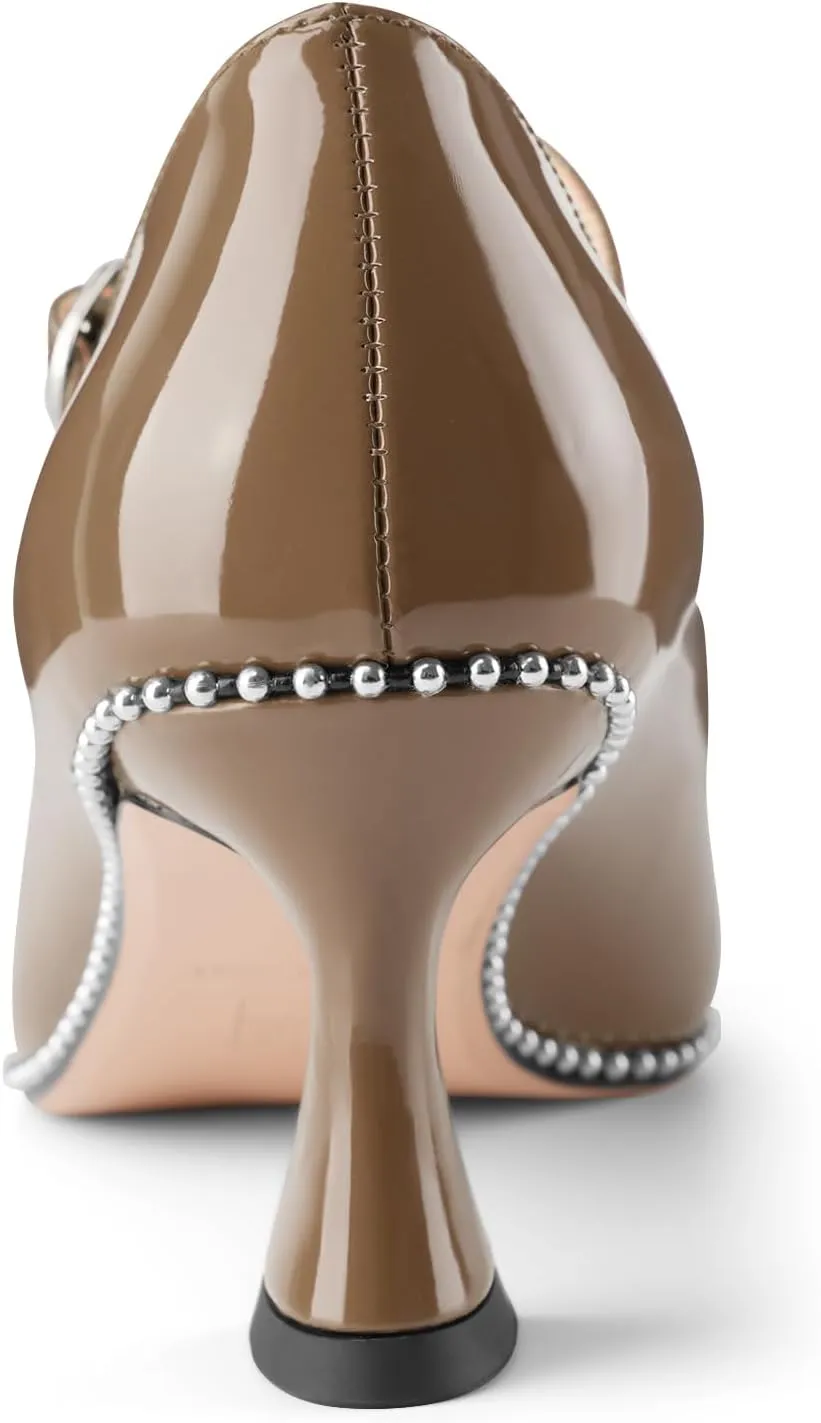 Women's Kitten Heels Patent Leather Closed Toe Heeled Mary Jane Pumps Ankle Strap Beaded Dressy Prom Wedding Sandals Shoes 2 inch