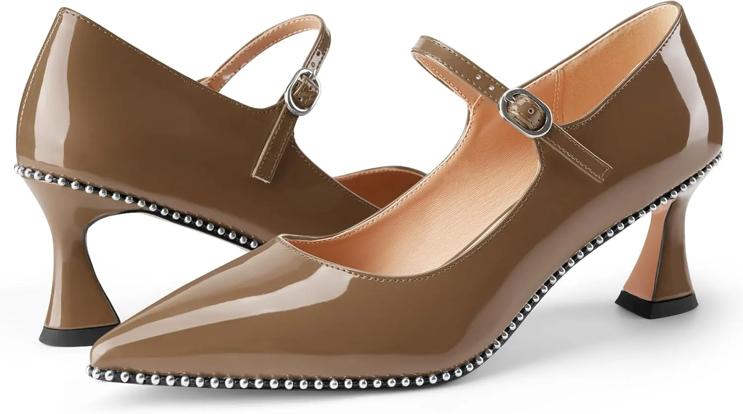 Women's Kitten Heels Patent Leather Closed Toe Heeled Mary Jane Pumps Ankle Strap Beaded Dressy Prom Wedding Sandals Shoes 2 inch
