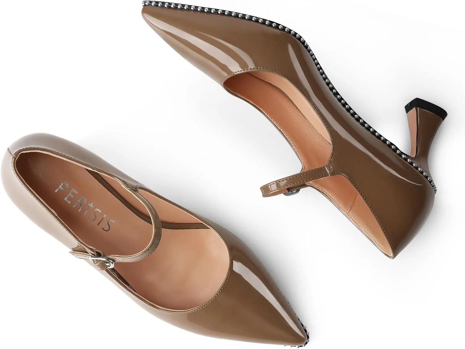 Women's Kitten Heels Patent Leather Closed Toe Heeled Mary Jane Pumps Ankle Strap Beaded Dressy Prom Wedding Sandals Shoes 2 inch
