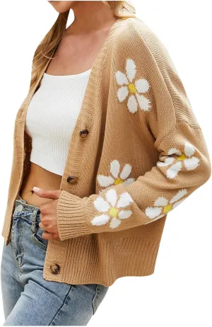 Women’s Knit Loose Cardigan Open Front Button Down Casual Knit Sweaters Fall Loose V Neck Crop Bolero